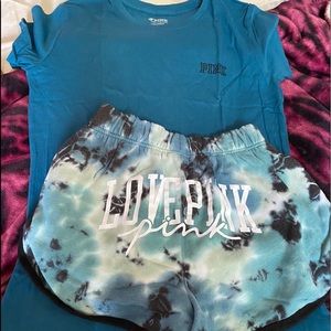 Vs pink short sleeve campus Tee varsity shorts sz sm blue coral tie dye